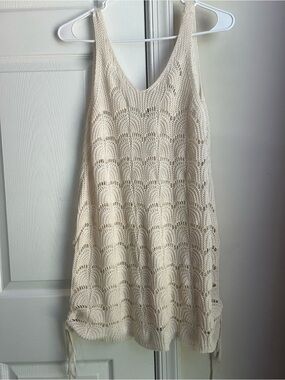 Cream Crochet Open Knit Boho Sleeveless Mini Swim Cover Up Dress Medium